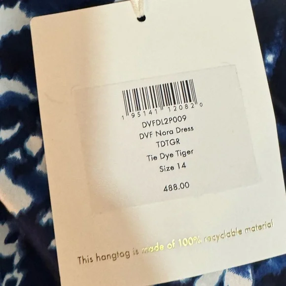 Diane von Furstenberg Nora Midi Dress Tie Dye Tiger Blue/White NWT Size 14 - Picture 3 of 16